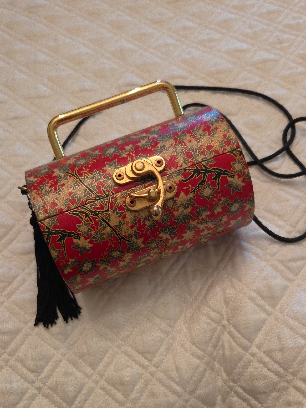 Gold-Accented Asian Style Vintage Red Floral Cylinder Crossbody Bag